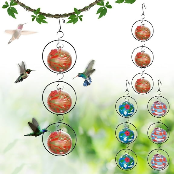 Charming 3-Circular Hummingbird feeders for Outdoors Hanging, Ant and Bee Proof,Hand Blown Glass Hummingbird Feeder with 3 Adjustable Silicone Perch Gift for Bird Lovers,Mom Grandma,Garden Decoration