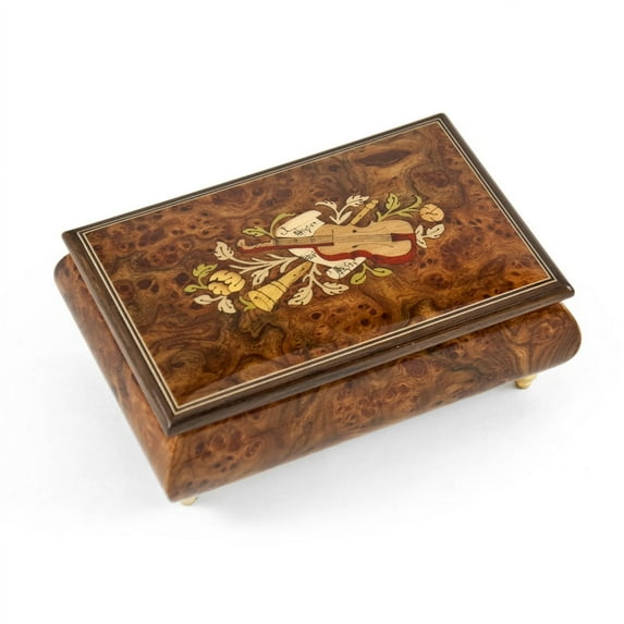 Charming 30 Note Hand Made Walnut Instrument Theme Wood Inlay Music Box - Wind Beneath My Wings, The