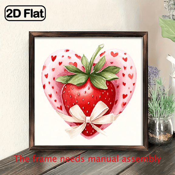 Charming 8x8in Strawberry Heart with Bow Framed Print - Rustic Wood Wall Art, Ideal for Living Room, Bedroom, or Desktop Decor Perfect for Christmas, Valentine'S Day, St Patrick'S Day