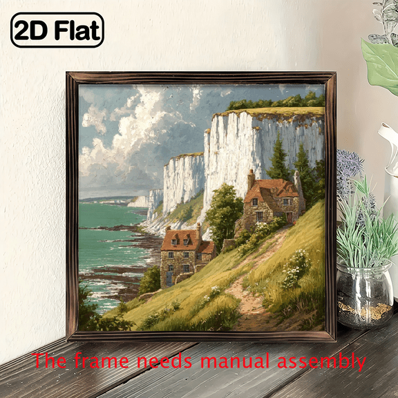 Charming 8x8in Wooden Framed Country Village Scenery Art Sign - Coastal Landscape with White Cliffs, Red-Roof Cottages Pastoral Setting - Perfect for Farmhouse, Bedroom, Office Decor