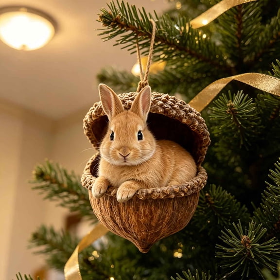 Charming Acorn Shaped Flat Acrylic Christmas Ornament, 3.15 in Rabbit Design With Cord Loop, Woodland Keepsake For Holiday Tree - Rabbit