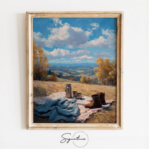 Charming Autumn Hillside Picnic Scene, Vintage Landscape Art, Rustic Fall Decor, Cozy Knit Blanket, Countryside 4000 UNFRAMED Poster, 12x18