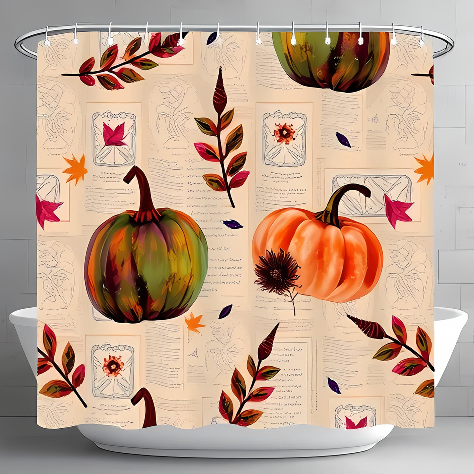 Charming Autumn Shower Curtain with Detailed Pumpkins Vintage Script