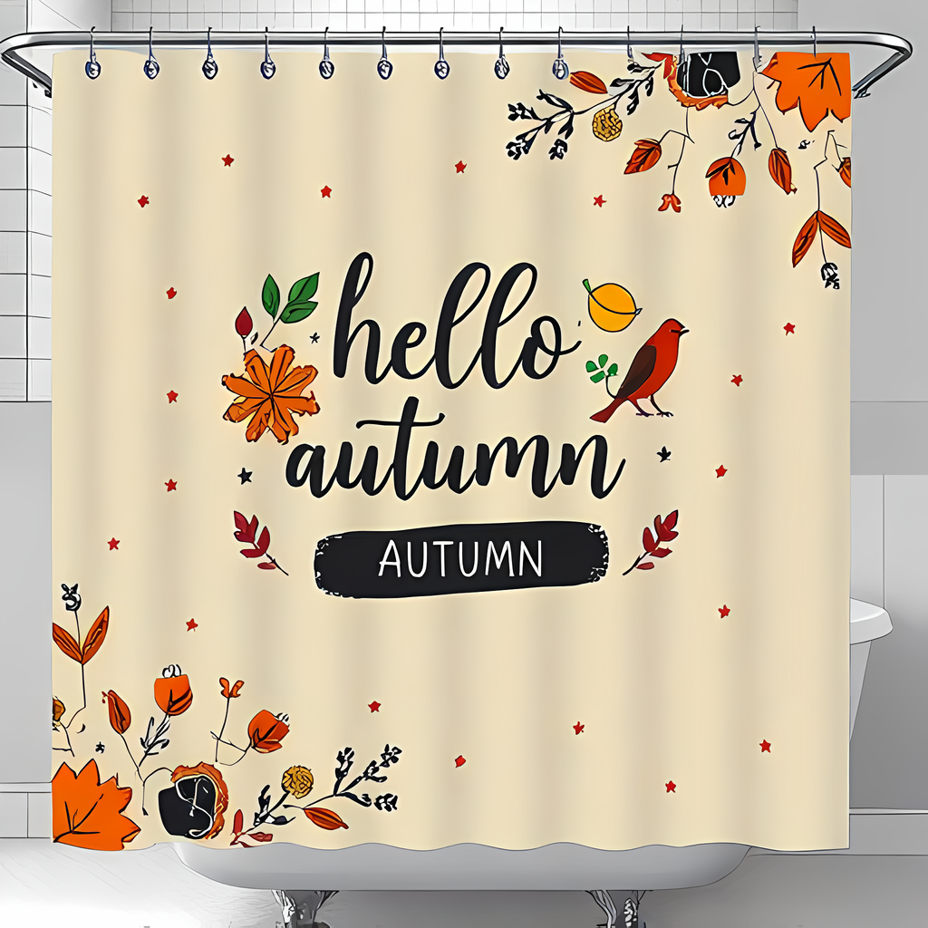 Charming Autumn Shower Curtain with HandDrawn 'Hello Autumn' Design