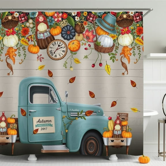 Charming Autumn Vintage Pickup Truck Shower Curtain with Pumpkins & Fall Decor
