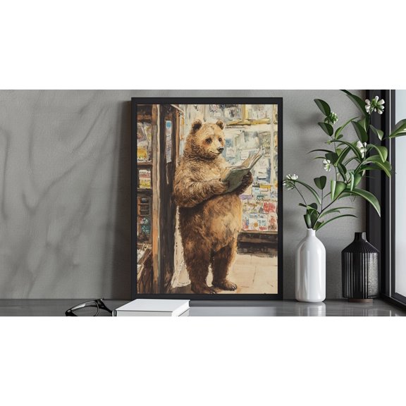 Charming Bear Bookstore Vintage Animal Cozy Room Decor, Stretched Canvas 8x10in
