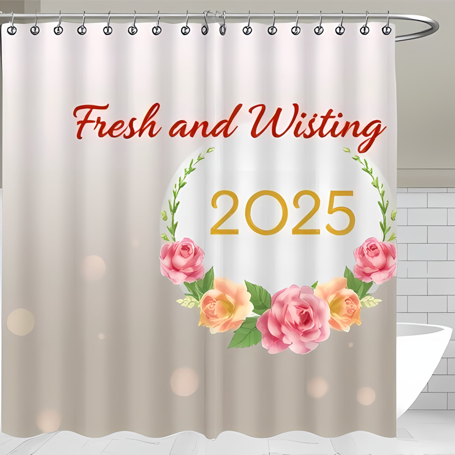 Charming Beige Shower Curtain with "Fresh and Wisting" in Red Script ...