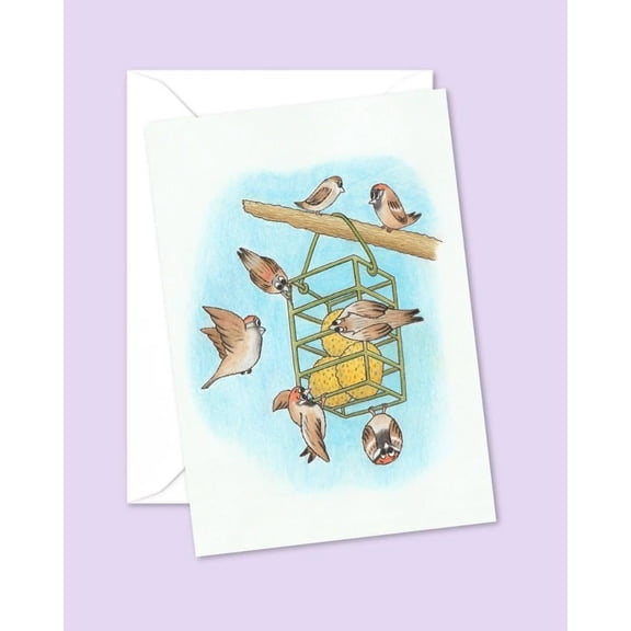 Charming Bird Feeding Greeting Card - Cute Sparrows Design  Blank Inside  Ideal for Nature Lovers Birthdays, Thank You Notes, or Just Because