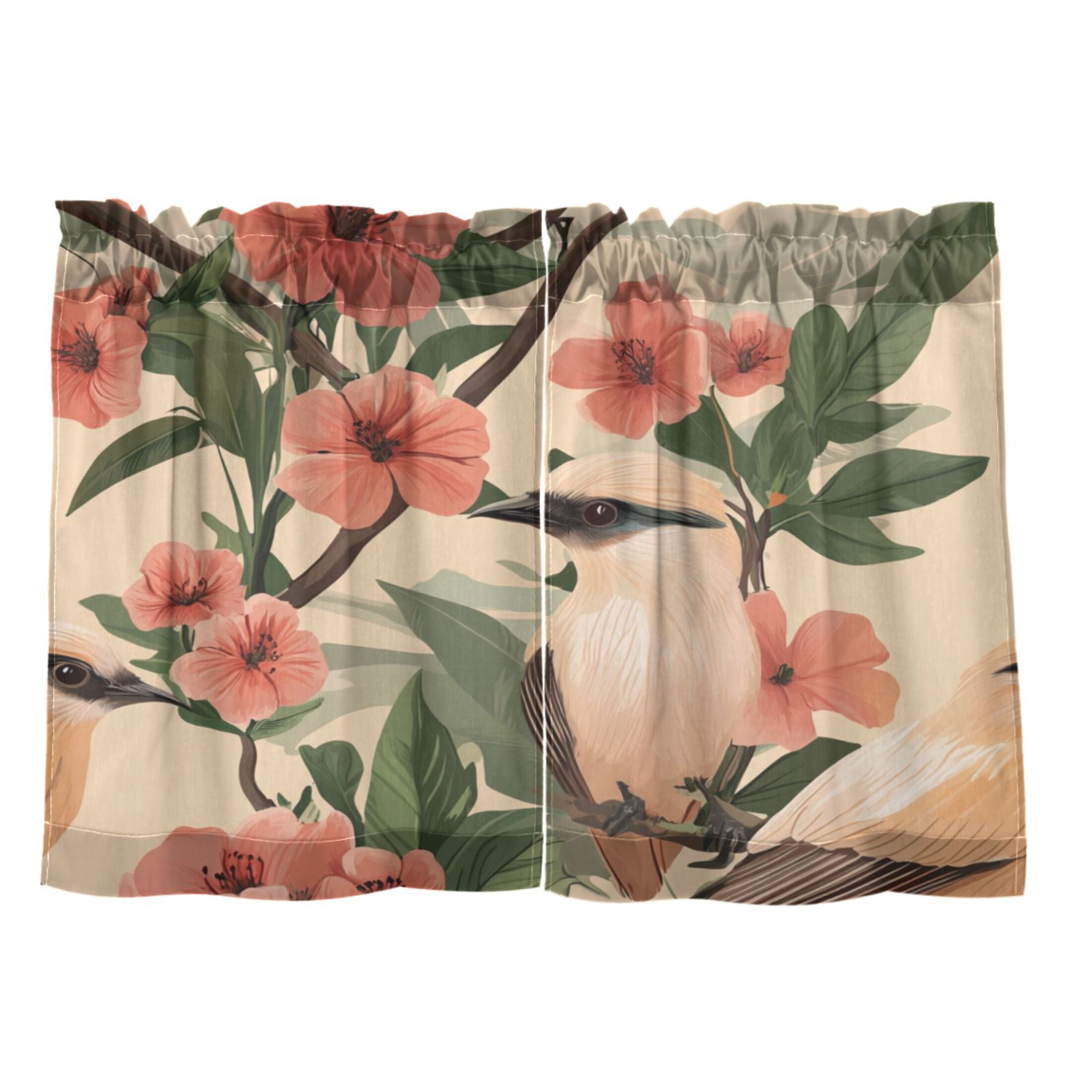 Charming Birds and Flowers 27"x36" Linen Look Cafe Curtain Set with Privacy and UV Protection