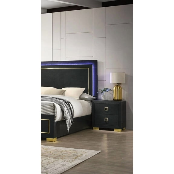 Charming Black 1pc Nightstand Having Square Pulls and Metal Legs in Bedroom