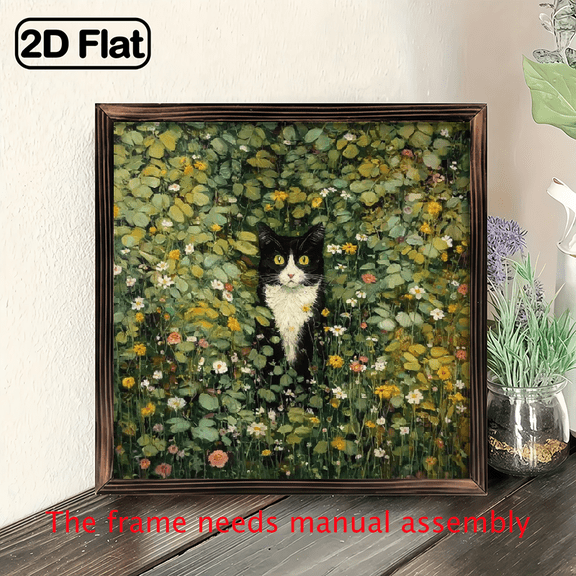 Charming Black Cat in Floral Garden Art Print - 8x8 Inch Rustic Wooden Frame, Ideal for Home, Bedroom, Living Room Decor - Perfect Holiday Gift, Cat Decor, Decorative Sign, Plaque