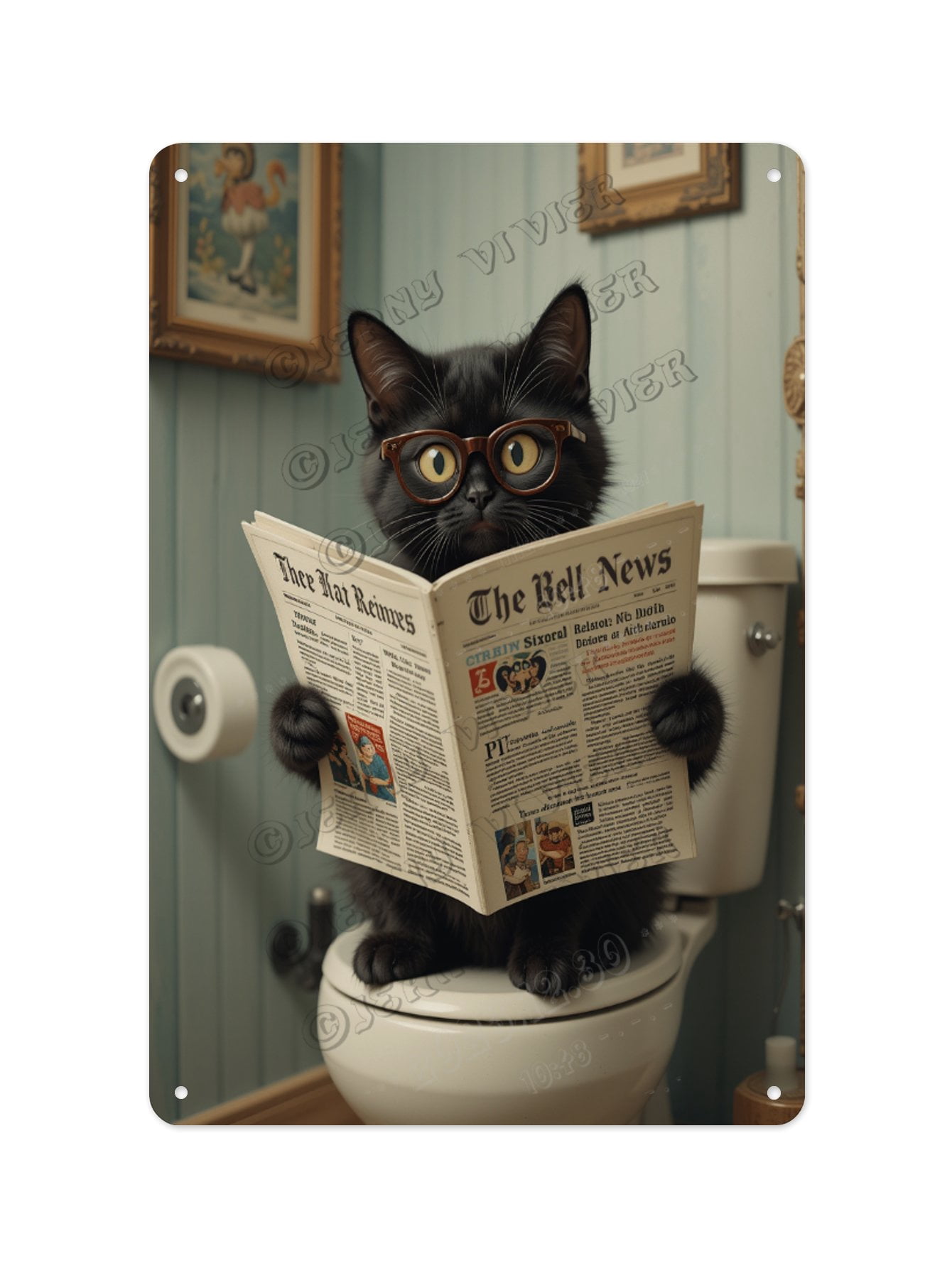 Charming Black Cat Reading Newspaper on the Toilet Tin Sign 12 x 16 ...