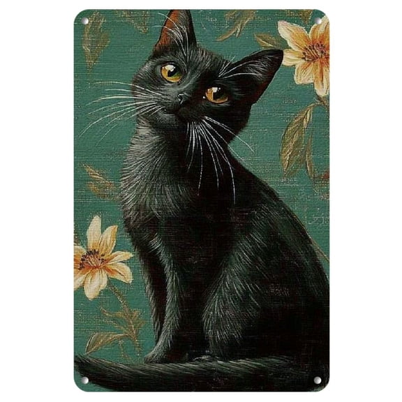 Charming Black Cat Tin Sign - Retro Teal Wall Art with Golden Accents, Perfect for Kitchen, Bathroom, or Decor, Durable Metal Plate, Easy to Hang, 8x12 Inch, Bathroom Art Piece|Retro Wall Art