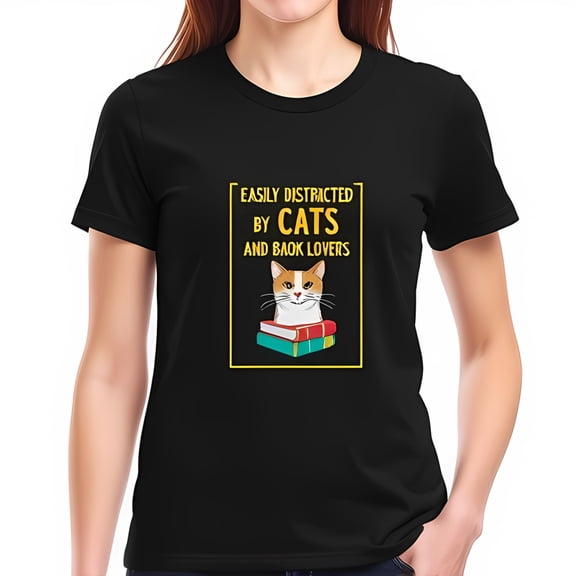 Charming Black Cotton T-Shirt with Orange Tabby Cat on Books & " Easily Distracted by Cats and Book Lovers " Design