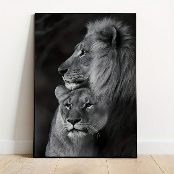 Charming Black Lion and Female Lion Love Canvas Wall Art - Frameless Retro Animal Theme Decoration, High-Quality Living Room Bedroom Office Hanging Painting, Frameless Canvas Painting