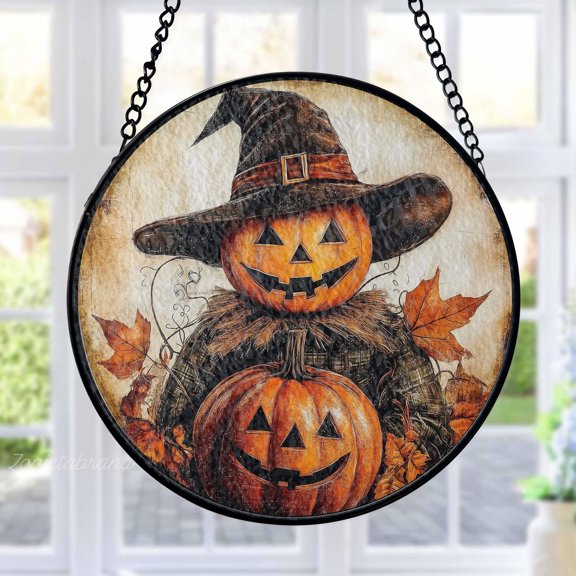 Pumpkin Scarecrow Stained Glass Suncatcher Metal Outdoor Decor Rustic Halloween Orange Brown