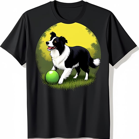Charming Black T-Shirt with Border Collie Illustration & Bright Green Ball