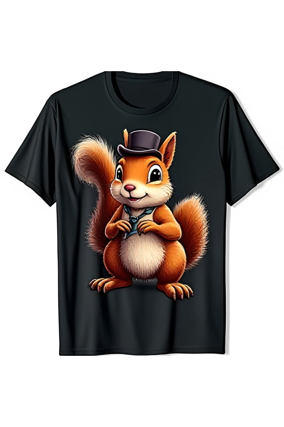 Charming Black T-Shirt with Cartoon Squirrel in Top Hat & Bow Tie Whimsical Design for All Ages
