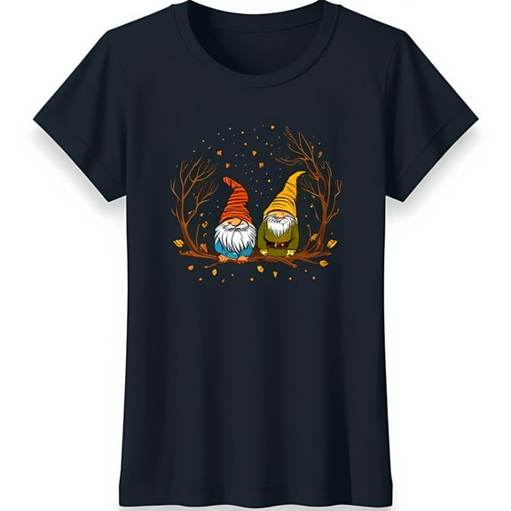 Charming Black T-Shirt with Cartoon on Tree Branch & Autumn Leaves