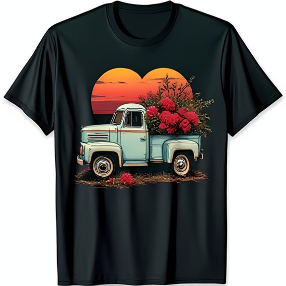 Charming Black T-Shirt with Pale Blue Pickup Truck & Pink Blossoms Heart Design