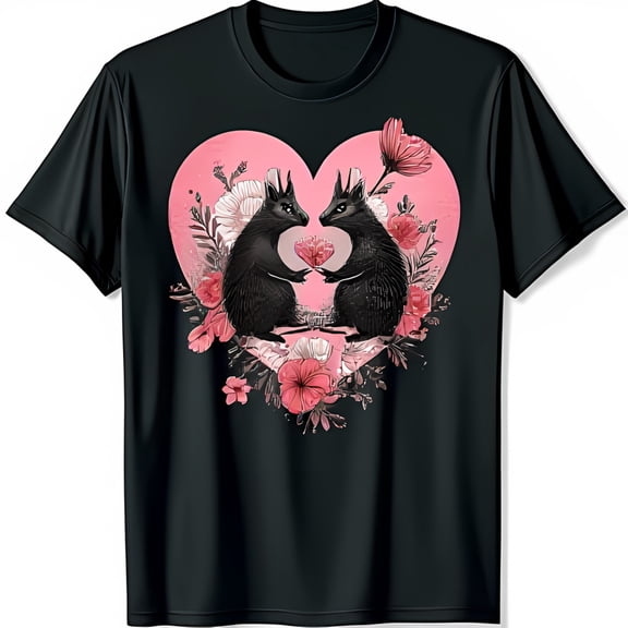 Charming Black T-Shirt with Pink Heart Graphic & Floral Design for Animal Lovers