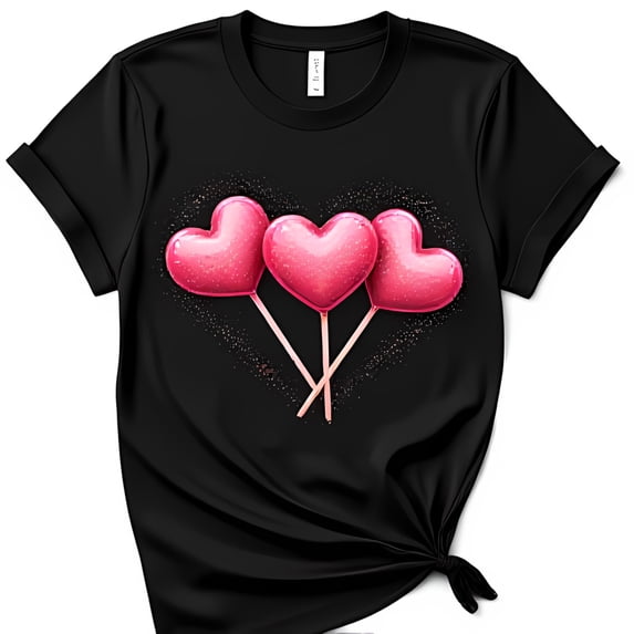 Charming Black T-Shirt with Pink Heart Shaped Lollipop Graphic Sweet & Playful Design