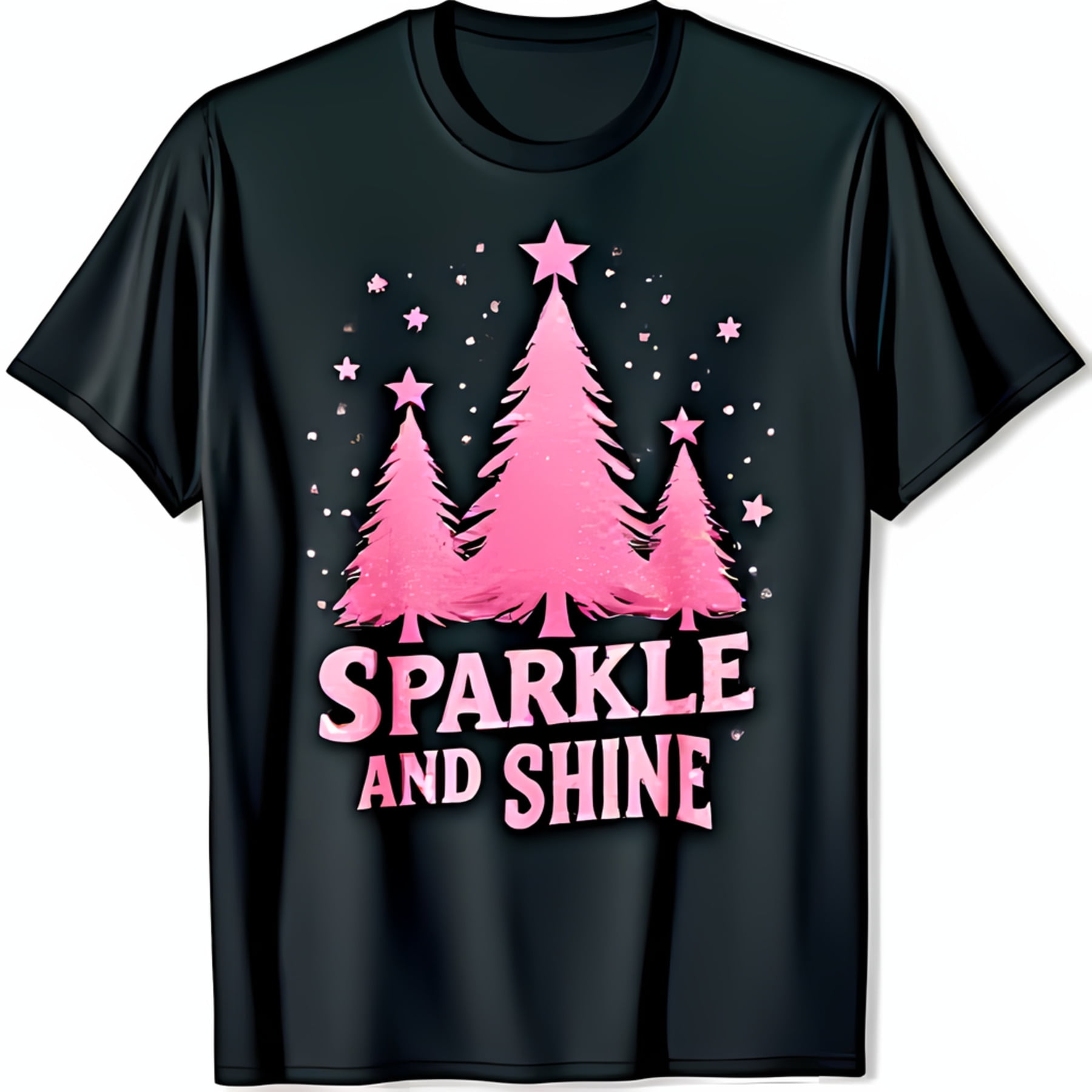 Charming Black TShirt with Pink Sparkly Christmas Trees & ' and Shine