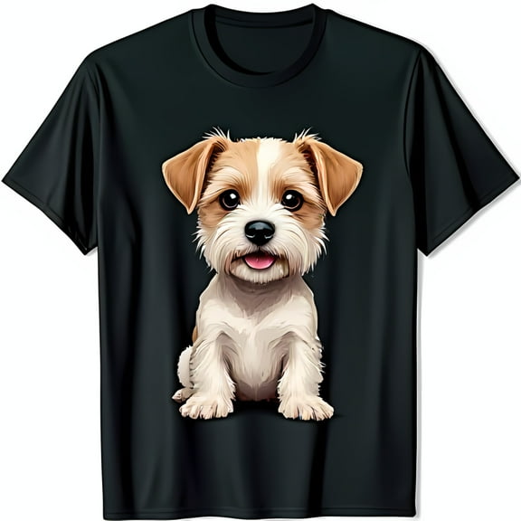 Charming Black T-Shirt with Playful White Dog Illustration Whimsical Design