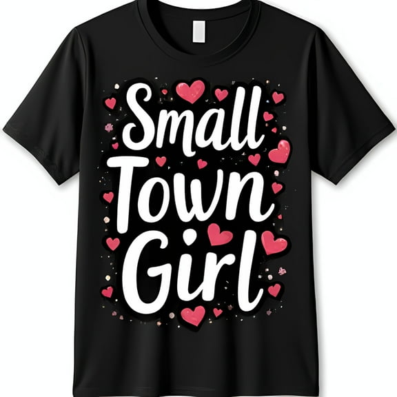 Charming Black T-Shirt with Small Town Girl Cursive Graphic & Pink Hearts