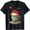thumbnail image 1 of Charming Black T-Shirt with Vibrant Coffee Cup Graphic Strawberries, 1 of 5