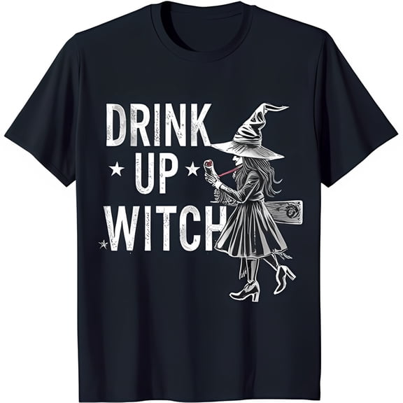 Charming Black T-Shirt with Witch Holding Goblet & 'Drink Up Witch' Design