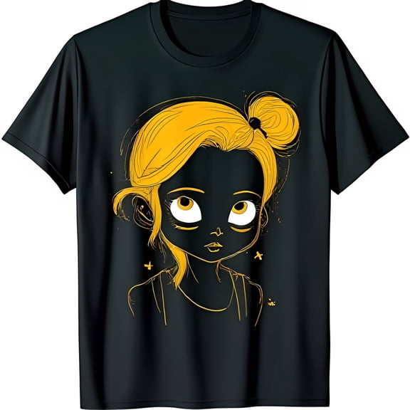 Charming Black T-Shirt with Yellow Cartoon Girl & Stars Graphic Design