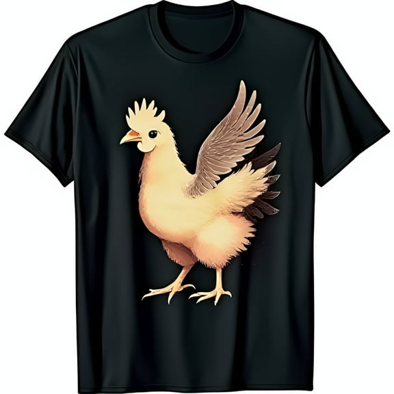 Charming Black T-Shirt with Yellow Chicken Graphic & Crown Design