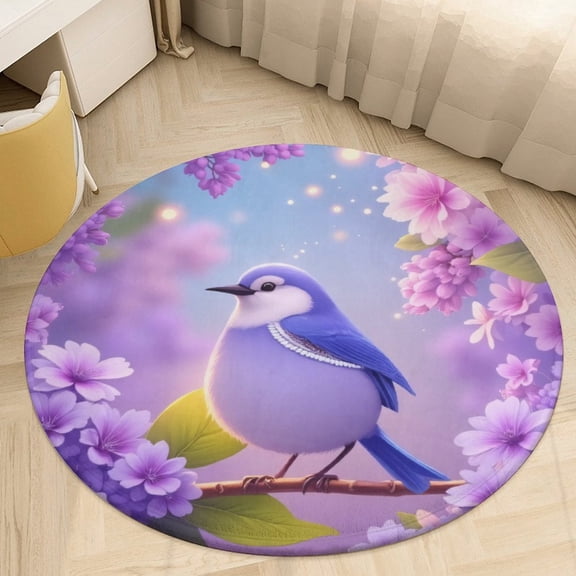 Charming Bluebird in Blossoms Round Area Rugs for Bedroom Living Room, 4FT Soft Comfy Indoor Circle Carpets, Floor Mat
