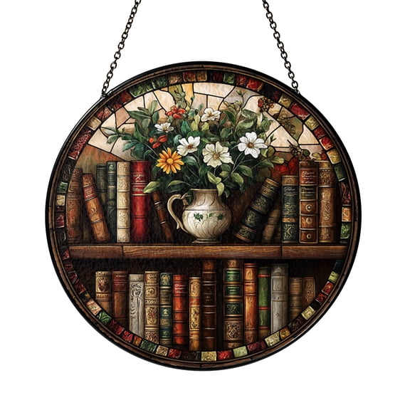 Charming Bookshelf Book Nook Window Suncatcher with Stained Glass Look, Elegant Reading Room Accent