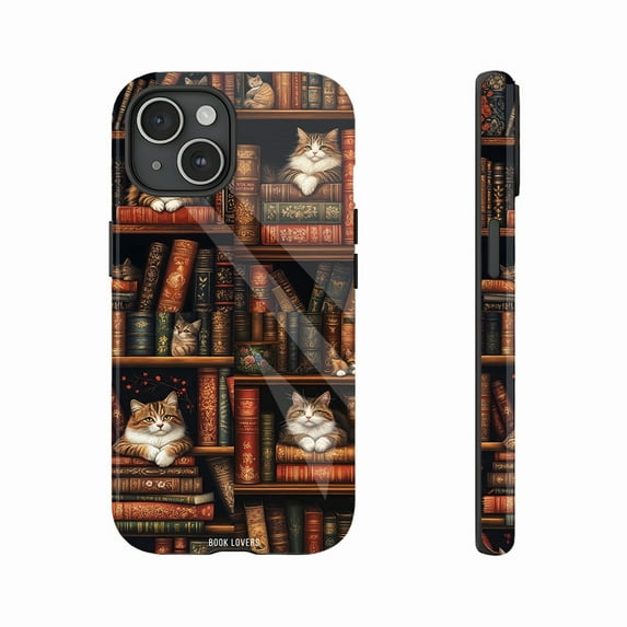 Charming Bookshelf Cats Phone Case Adorable Cats on Vintage Books Design for Bookworms & Cat Lovers Compatible with iPhone 11/12/13/14/15/16 (Pro Max/Plus)
