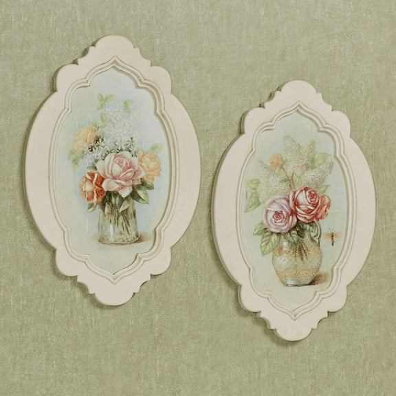 Charming Bouquet Floral Handpainted Ornate Wooden Wall Plaques Set Pink, Vermillion, Yellow, Pale Blue and Ivory 12"Wx18"H Set of 2