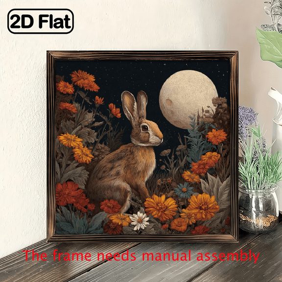 Charming Bunny Moon Night Wooden Framed Wall Art - 8x8 Inch Square Rustic Farmhouse Rabbit Floral Night Scene Painting, Artificial Wood Hanging Decor for Living Room, Bedroom, Entryway