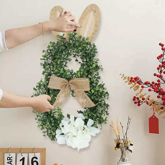 Charming Bunny Shape Easter Wreath with Greenery and Burlap Bow for Front Door or Wall Decoration, 18.11 Inches