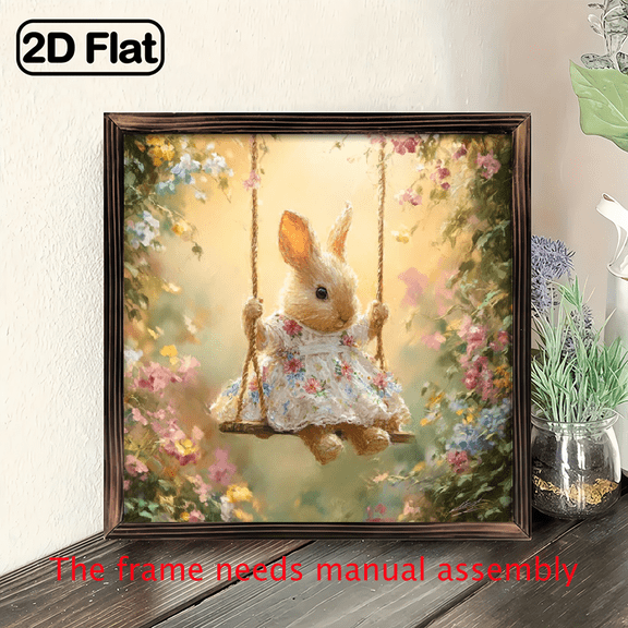Charming Bunny on Swing Rustic Wooden Wall Art - 8x8 Inch Vintage Floral Home Decor with Wood Frame, Whimsical Motivational Gift for Loved Ones, Contemporary Style Wall-Mounted or Desktop Sign