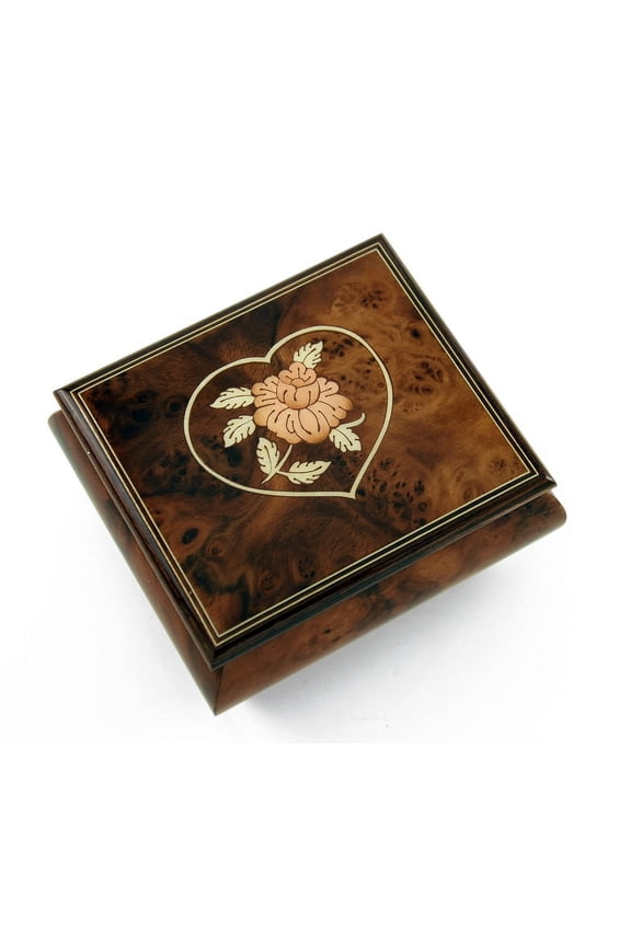 Charming Burl-Walnut Flower in Heart Outline Sorrento Musical Jewelry Box - Diamond's Are A Girls Best Friend