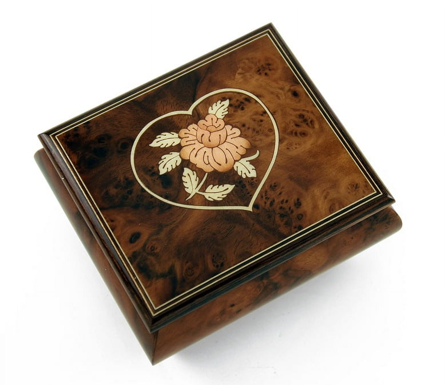 Charming Burl-Walnut Flower in Heart Outline Sorrento Musical Jewelry Box - In the Good Old Summertime
