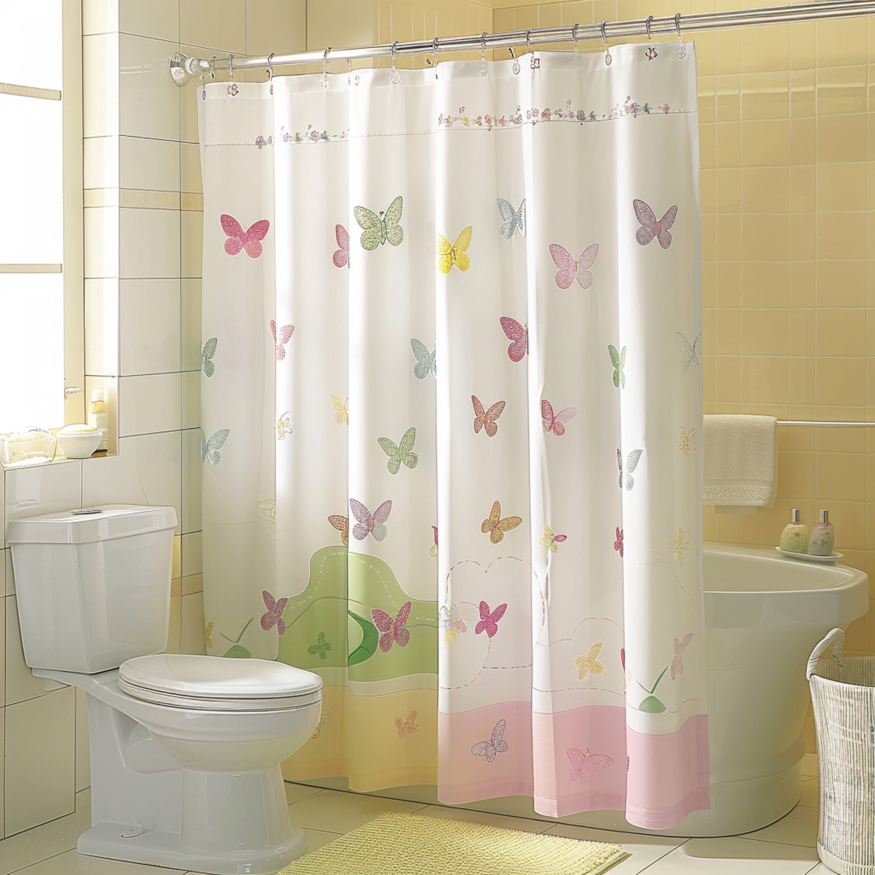 Charming Butterfly Print Kids' Bathroom Set Pink/Green Curtain White