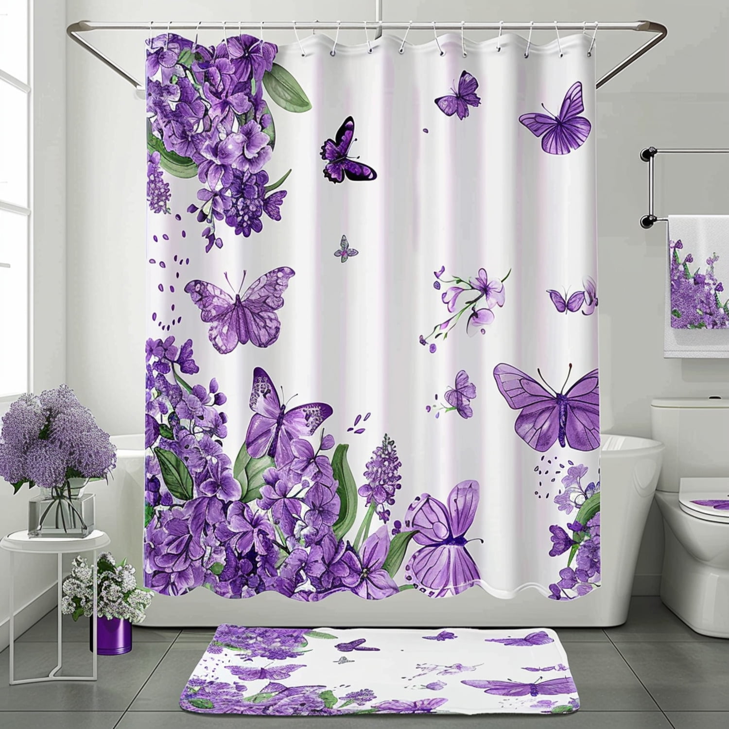 Charming Butterfly and Lilac Bathroom Decor Set with Purple Floral