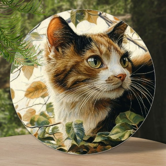 Charming Calico Cat & Foliage 8x8" Aluminum Wall Art - Weatherproof Decor for Home, Garden, Bar, and Special Occasions