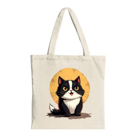 Charming Cartoon Cat Tote Bag - Fluffy Tail & Expressive Eyes on Yellow Background Perfect for Shopping Travel & Parties