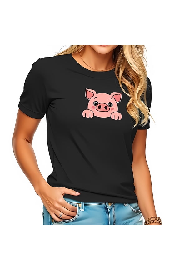 Charming Cartoon Pig Black Short-Sleeve T-Shirt for Women - Casual Soft Tee Perfect for Everyday Wear