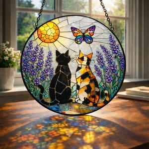 Charming Cat Couple Glass Suncatcher – Black and Orange Cats Window Art, Warm Garden-Inspired Decor, Gift for mum, grandma, 3.5 in