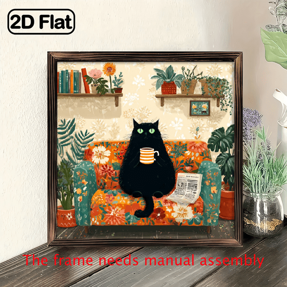 Charming Cat Decor Rustic Wooden Cat Art Sign - 8x8 Inch Wall or Tabletop Decor with Black Cat, Floral Bookshelf Design Easy to Hang, Versatile for Home, Cafe, Office Perfect Gift for Cat Lov