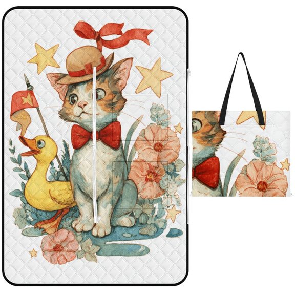 Charming Cat Duckling Floral Scene Waterproof Picnic Blanket with Foldable Zipper, Suitable for Outdoor Use, Suitable for Travel, Camping, Beaches, Parks, Grasslands, Picnic Blanket Accessories